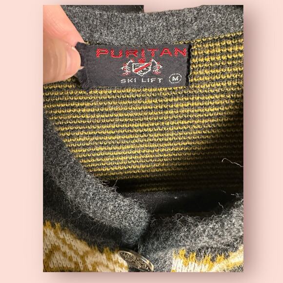 Vtg Fair Isle Snowflake Sweater Gray Yellow Cardigan Grandpa Winter Medium Ski - Picture 3 of 5